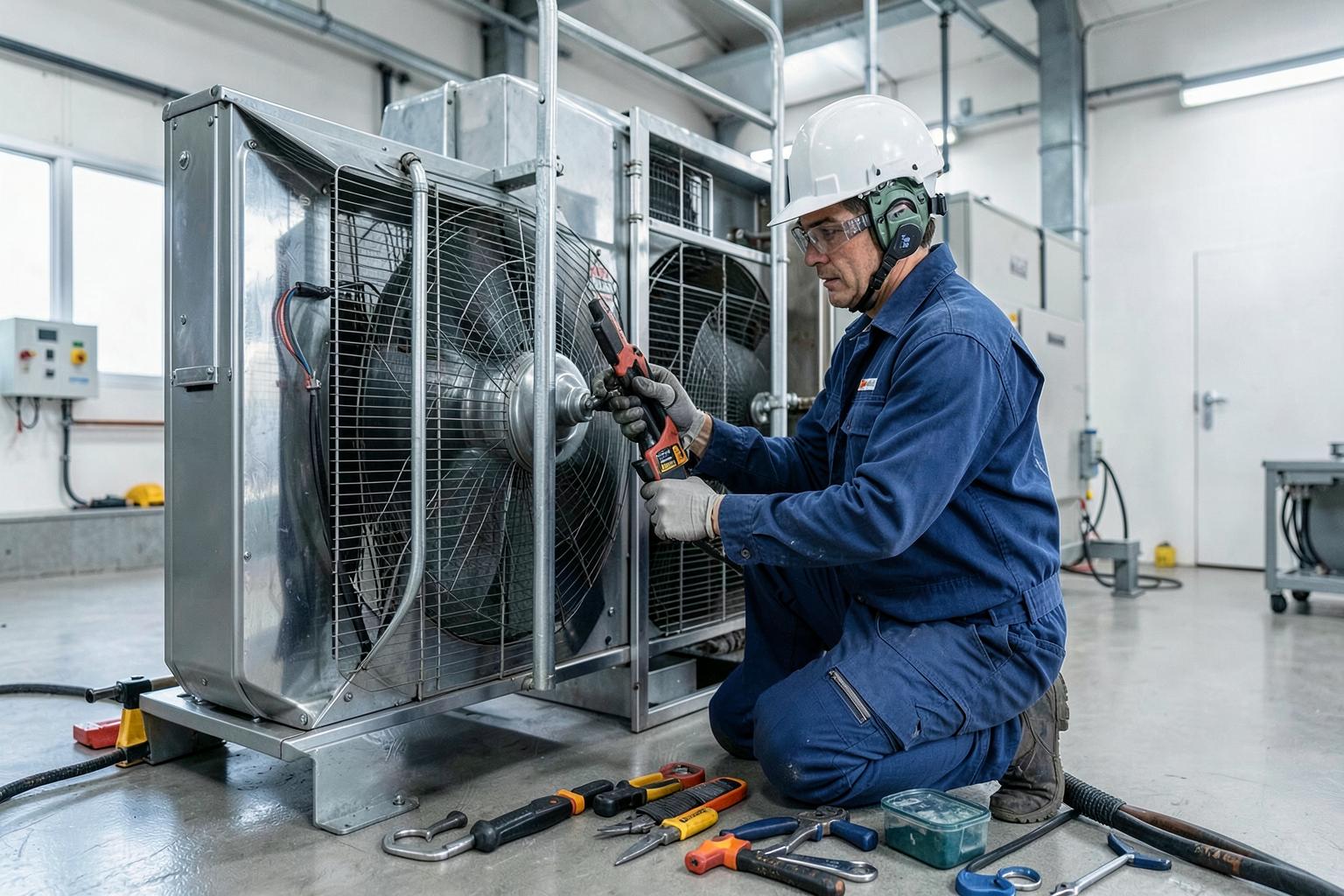Técnico de refrigeração realizando manutenção em sistema de climatização